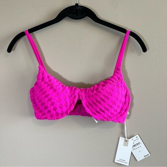 ✨ GOOD AMERICAN Pink Jacquard Wave Check Demi Better Bikini 1 Small NWT - Picture 3 of 12